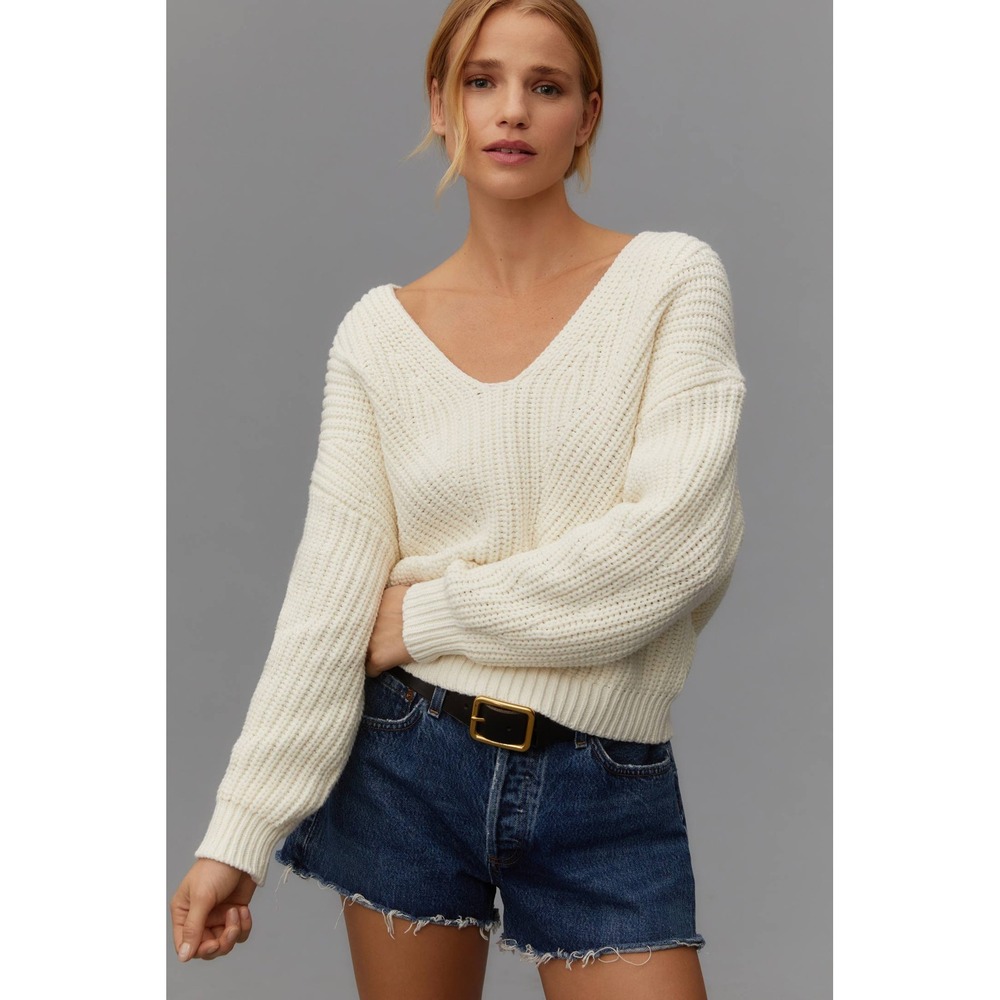 Maeve Anthropologie Ivory Chunky Knit V-Neck Sweater Cream Oversized Pullover S